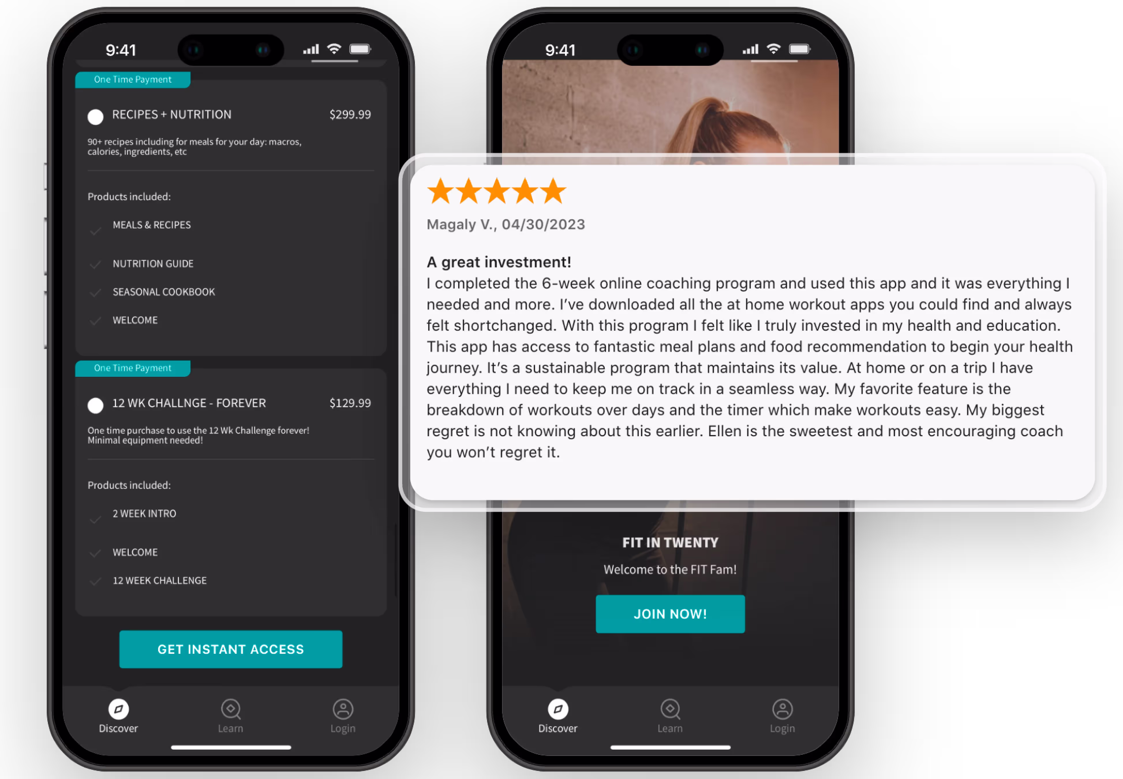 Fit In Twenty iphone app screens showing a 5 star review that calls it a "great investment"